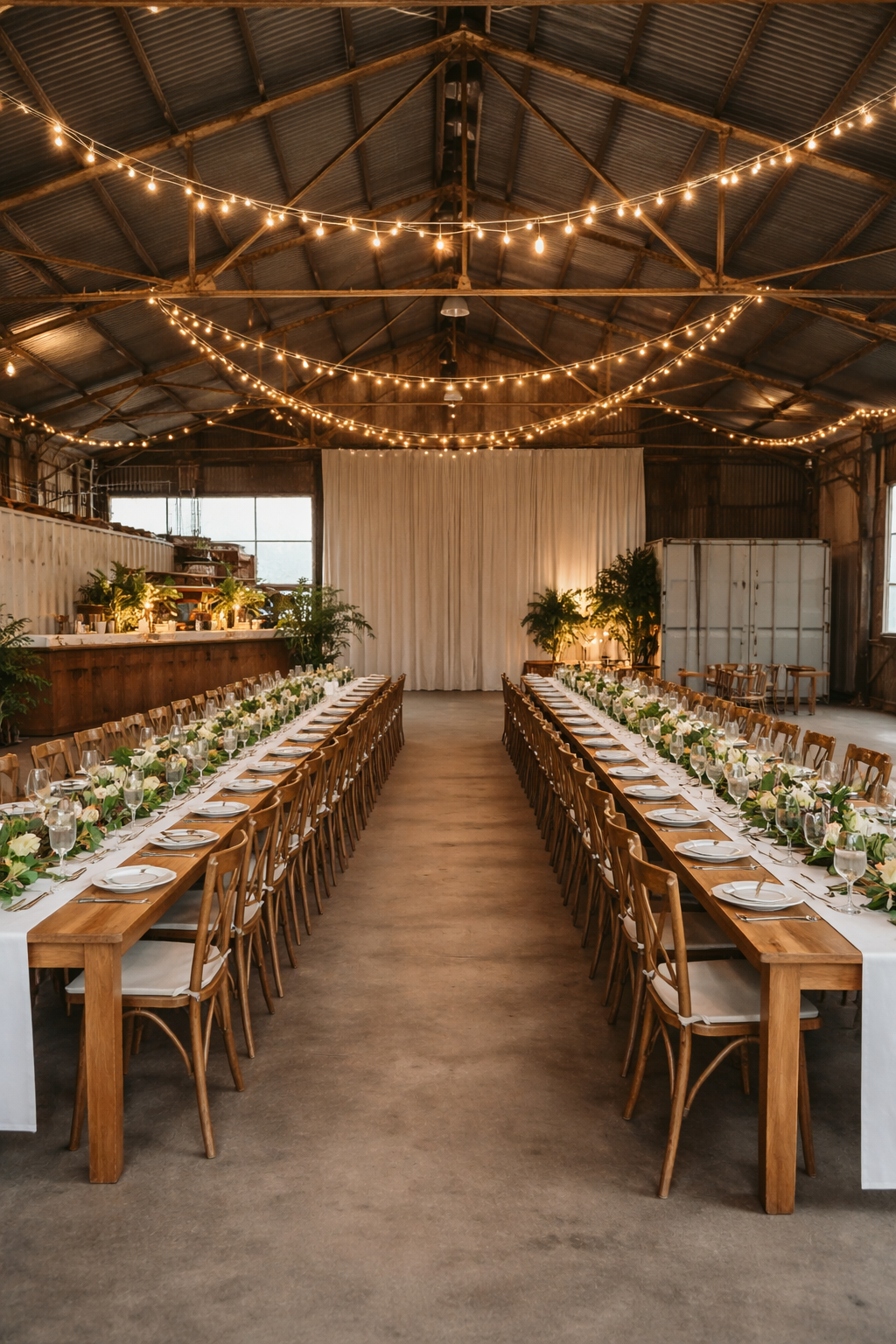 Long rectangular banquet tables set for a celebration in a rustic barn with string lights overhead, floral centerpieces, and place settings with plates, glasses, and silverware.