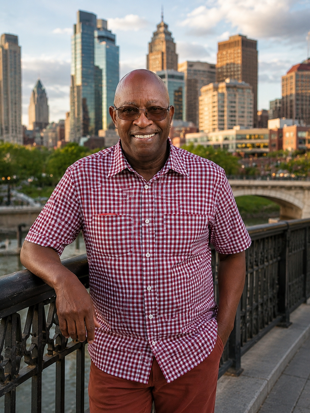 Older man smiling, wearing glasses and a red checkered shirt, standing outdoors with city skyscrapers and a river in the background.