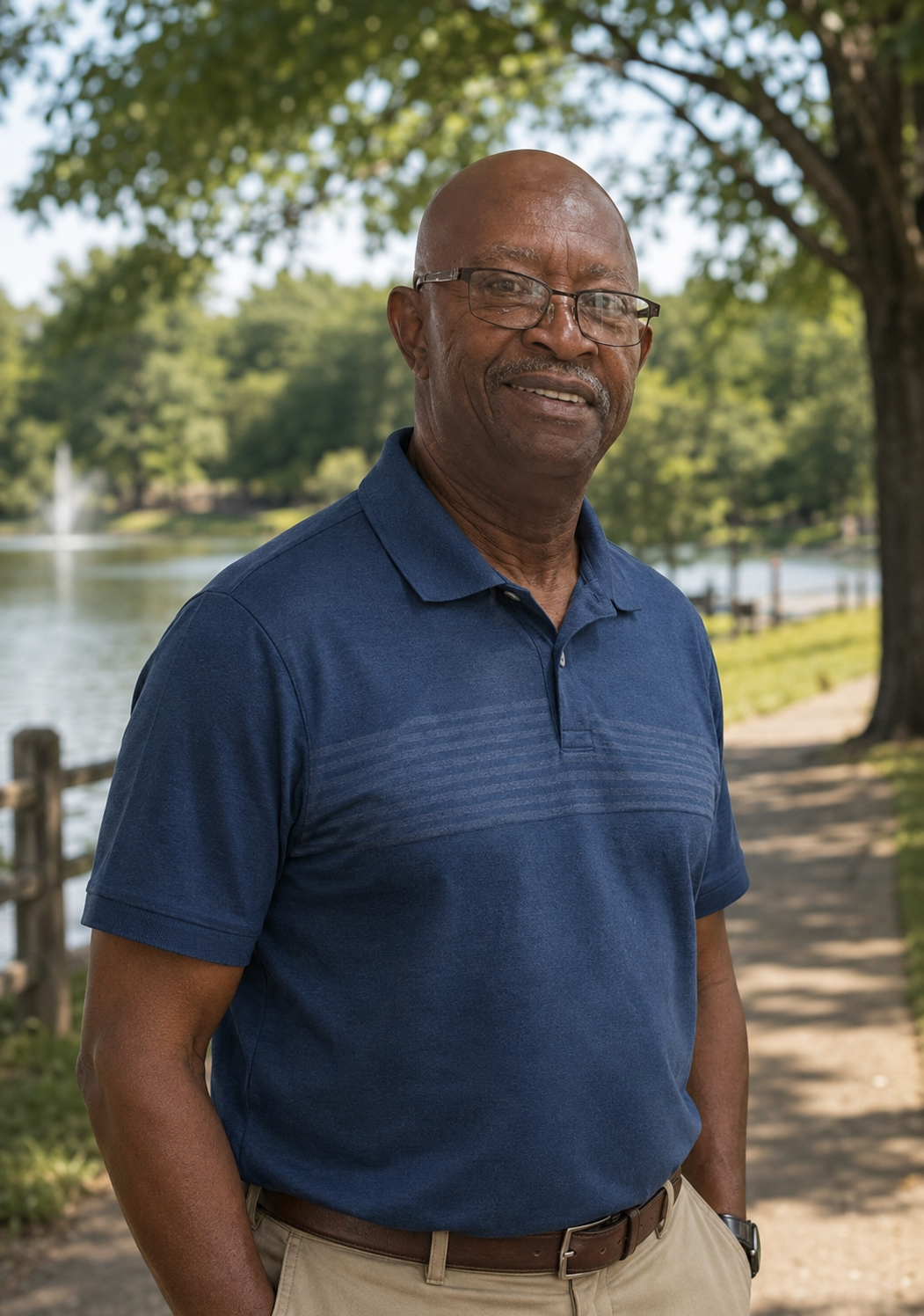 An older man with glasses wearing a navy polo shirt and khaki pants standing outdoors on a sunny day near a lake, with trees and a walking path in the background.