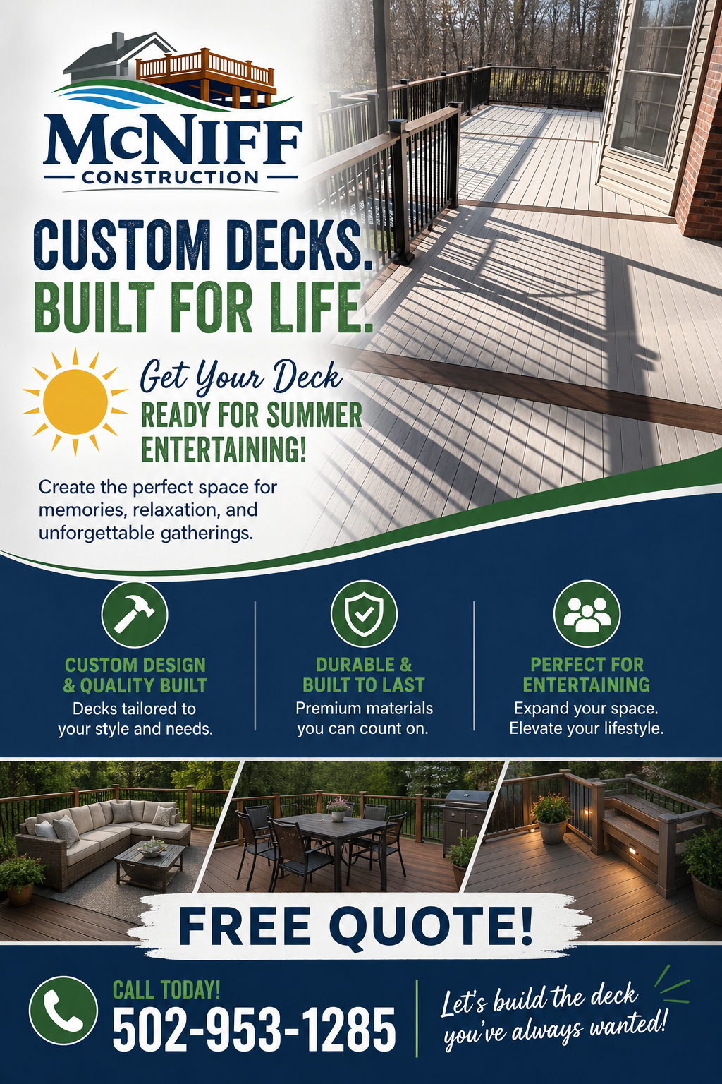 An advertisement for McNiff Construction promoting custom decks with images of a deck and outdoor furniture, along with contact information and icons highlighting design, durability, and entertainment features.