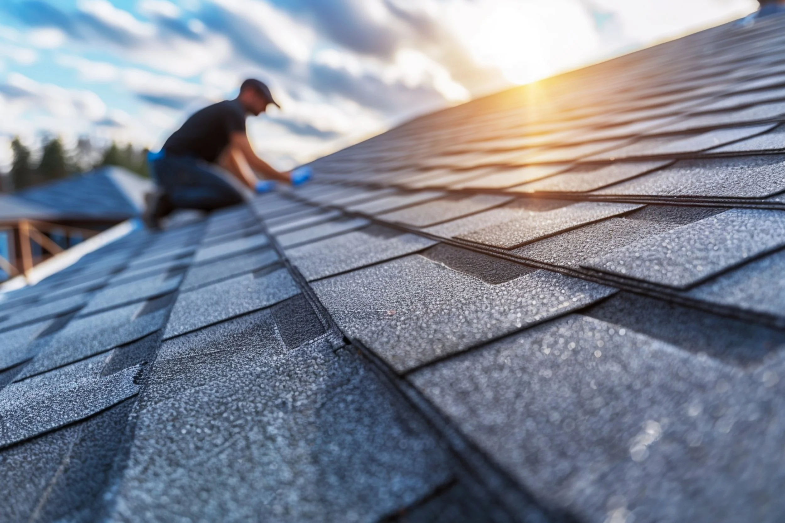 A person installing new black asphalt shingles on a roof during sunset, with a cloudy sky in the background.