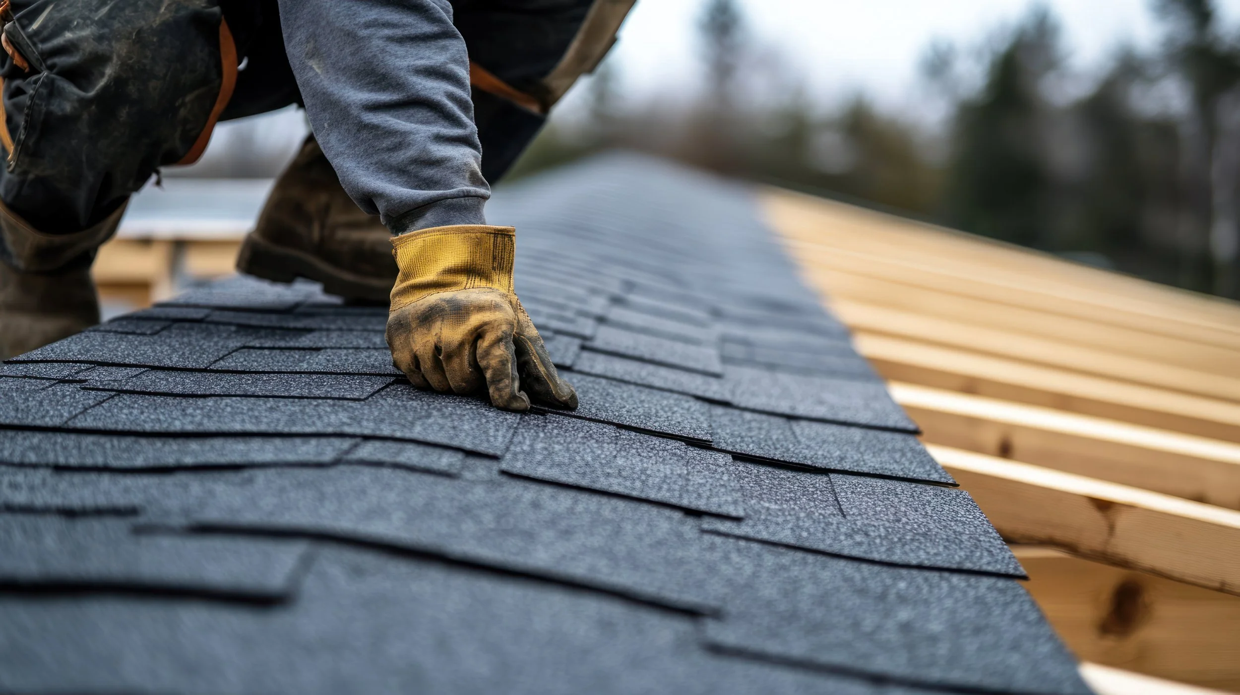 A worker installing asphalt shingles on a roof, with stacks of shingles visible in the background.