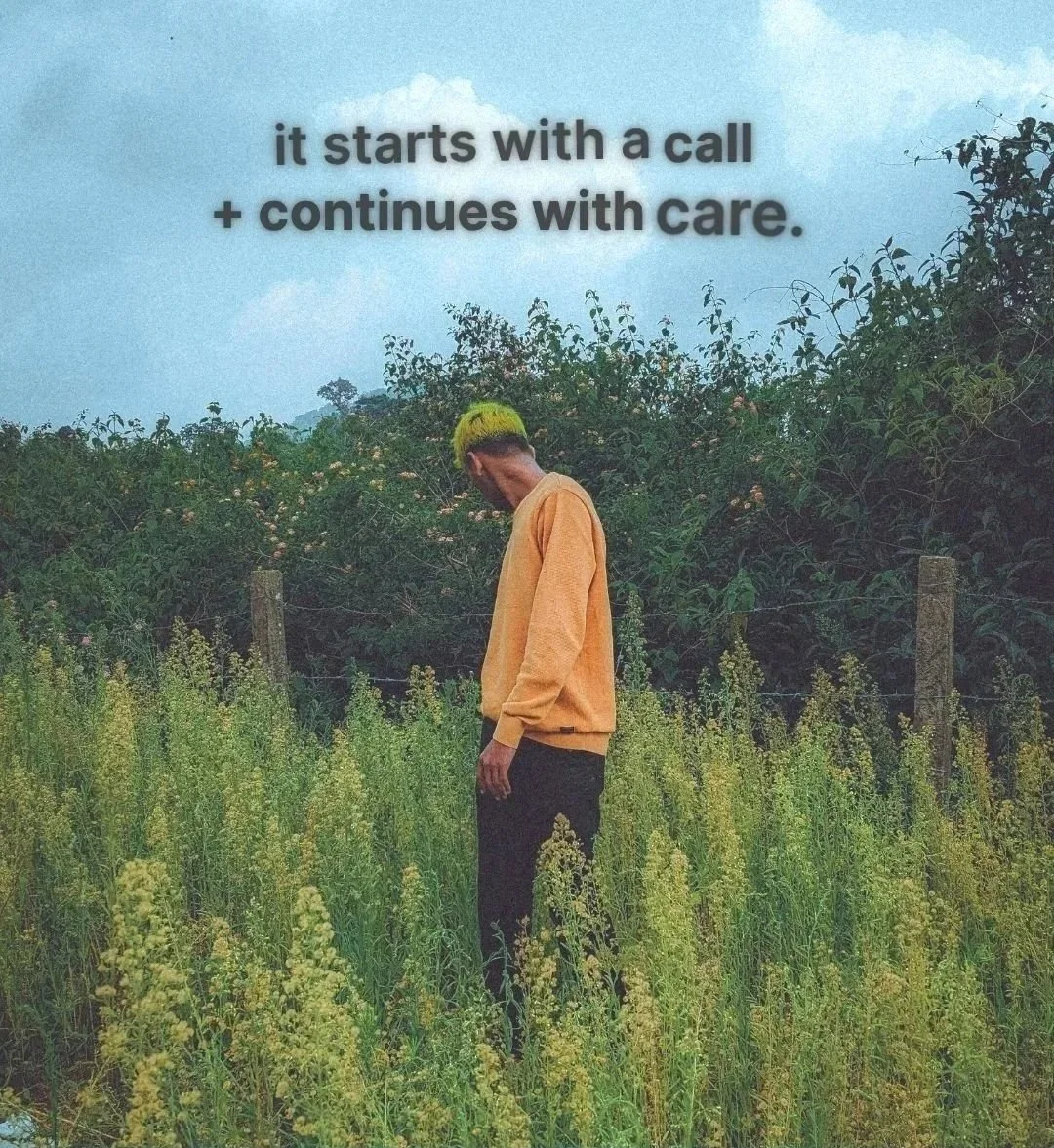 Youthline image of a young person standing alone in a field beneath the words “it starts with a call + continues with care”.