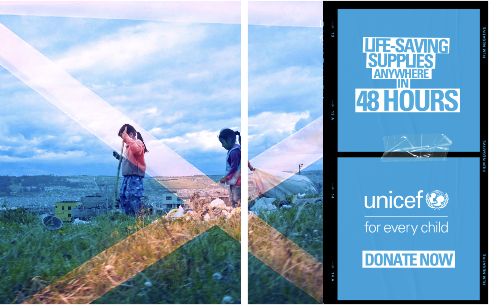 UNICEF donation execution reading “Life-saving supplies anywhere in 48 hours” and “Donate now”, turning delivery capability into a direct, tangible reason to believe proposition.