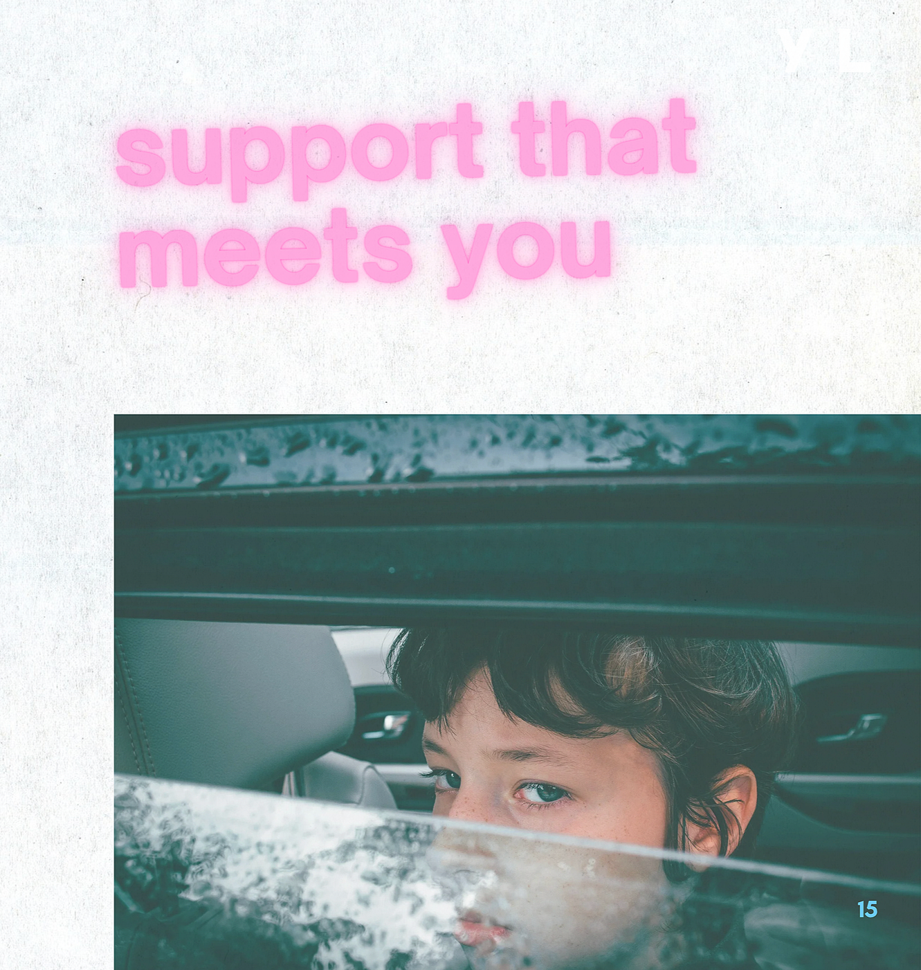 Youthline brand image reading “support that meets you” above a young person seen partly through a car window.