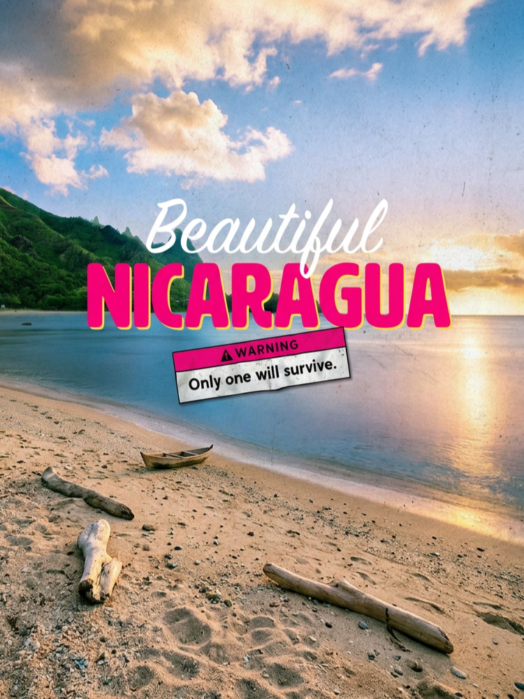 Fictional Nicaragua tourism poster reading “Beautiful Nicaragua” with a warning stating “Only one will survive”.