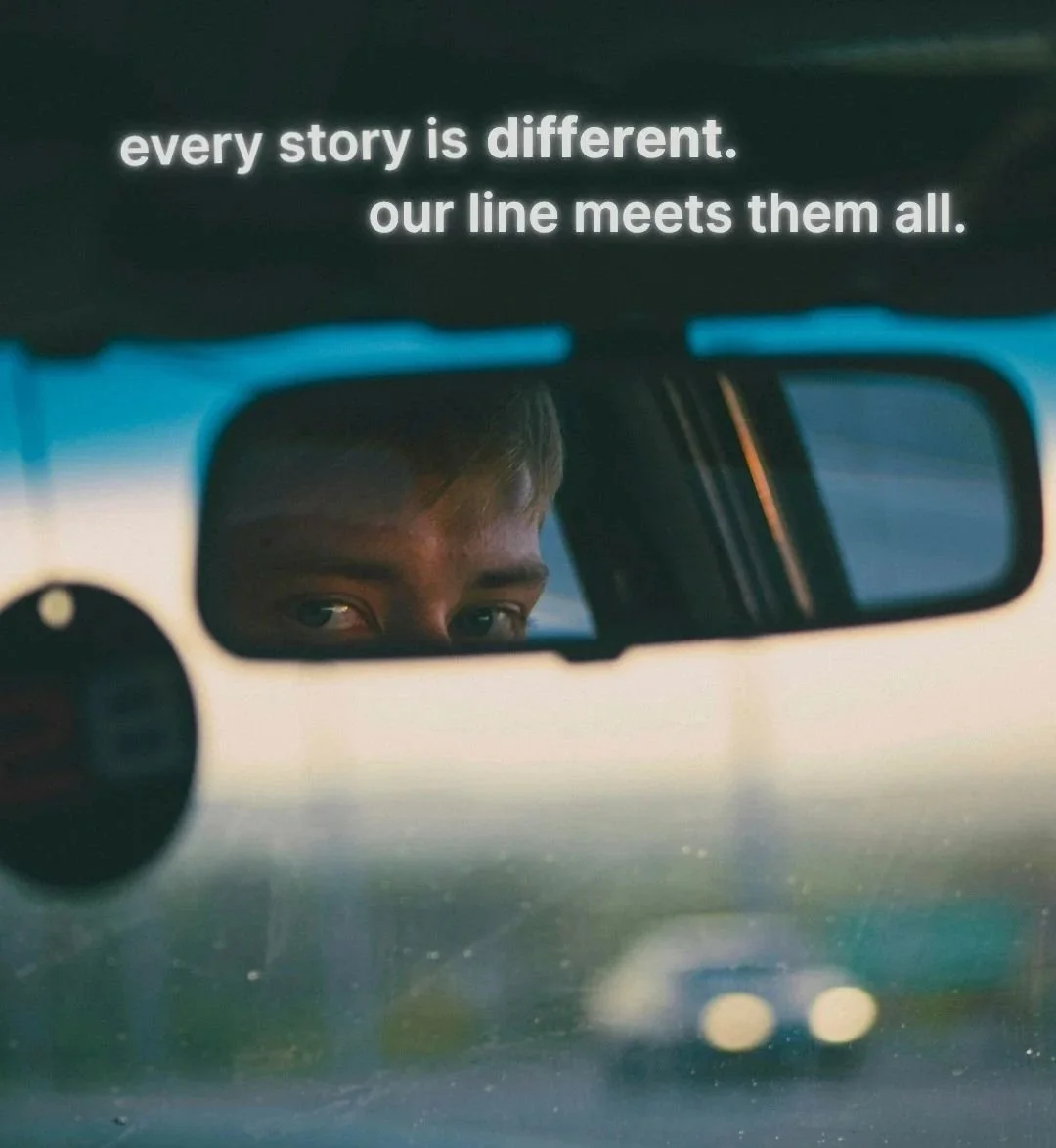 Youthline image of a young person reflected in a car mirror beneath the words “every story is different. our line meets them all.”