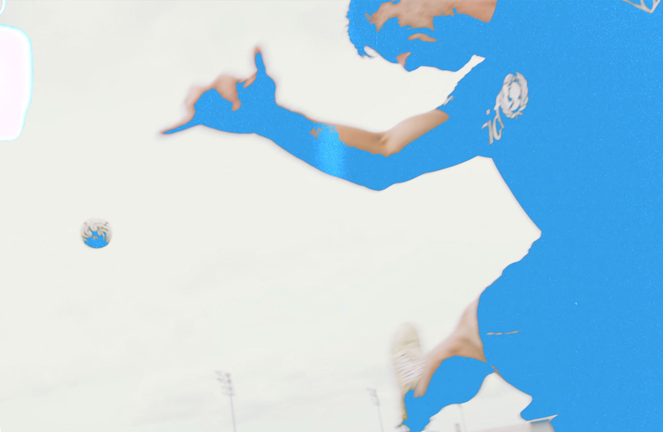 Cyan-and-white campaign image using the movement of a rugby kick as the visual cue for taking part in the DC10 Fund campaign.