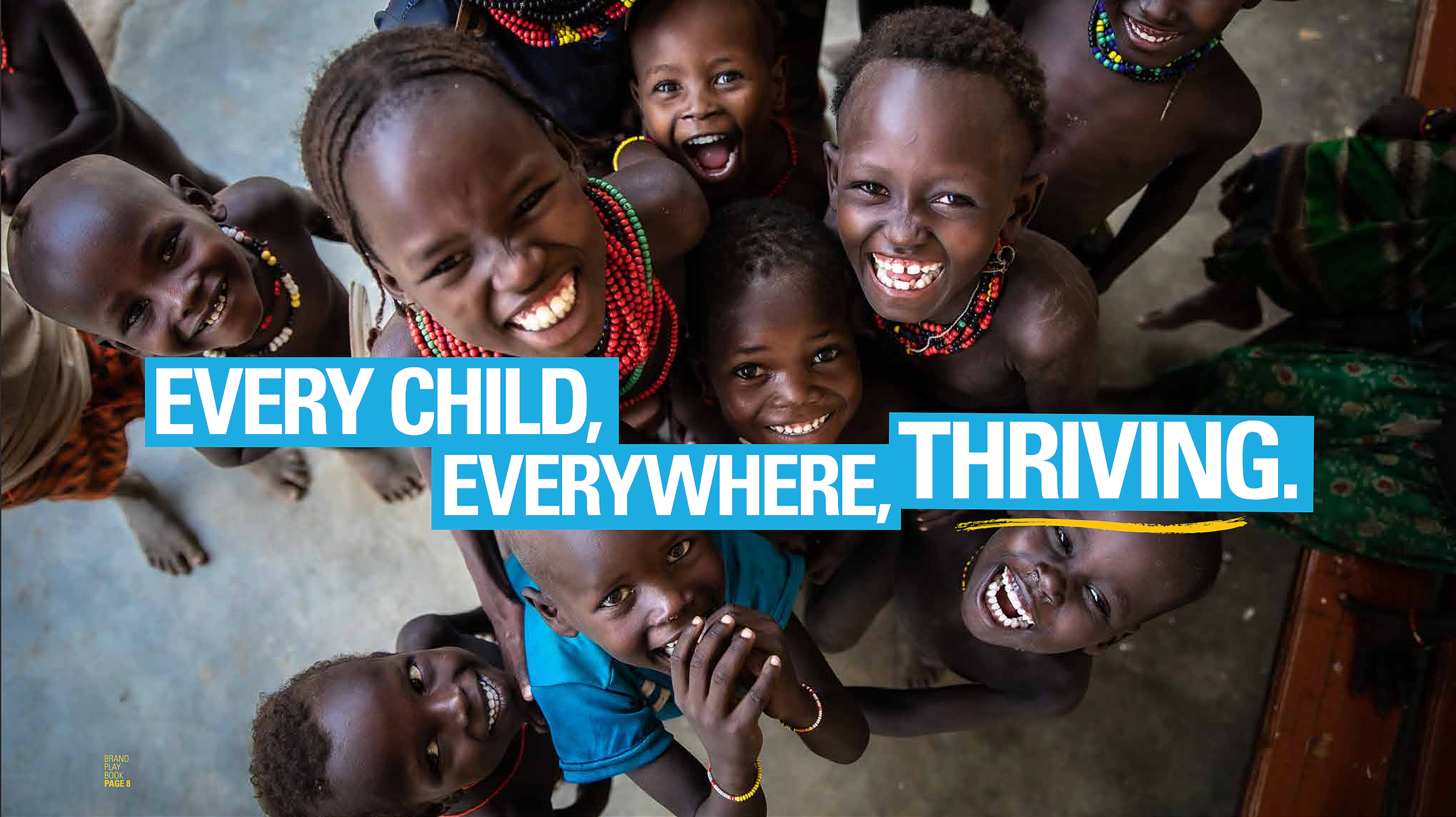 To demostrate the visual dimension of the new brand strategy developed by Drew Pollock, scene from the associated brand book showing children thriving again after receiving nutritional, psychological, and educational support.