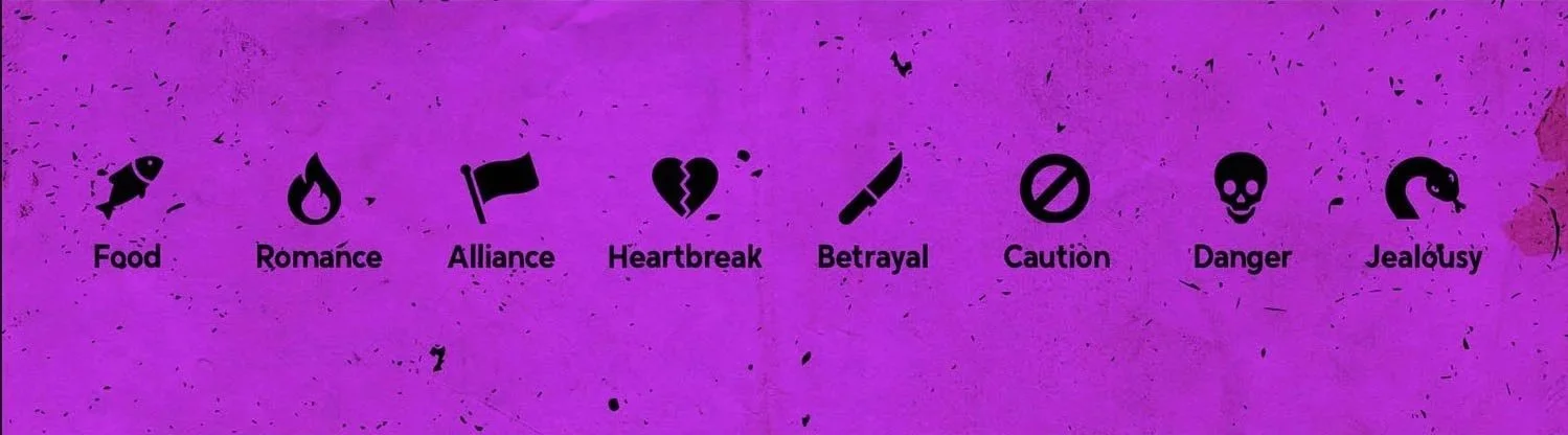 Survivor NZ campaign icon strip labelled “Food”, “Romance”, “Alliance”, “Heartbreak”, “Betrayal”, “Caution”, “Danger” and “Jealousy”.