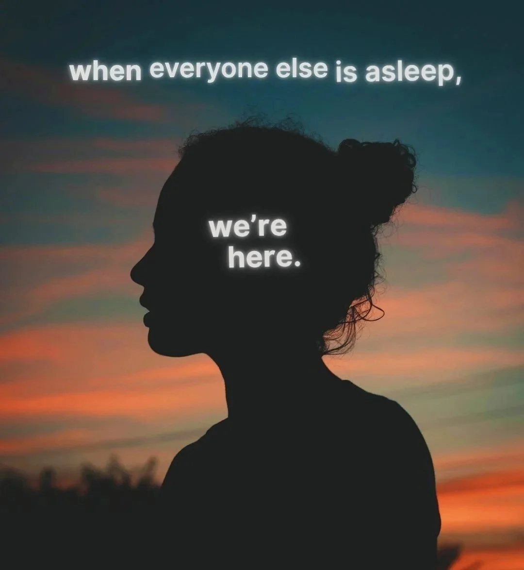 Silhouetted Youthline portrait at dusk with the words “when everyone else is asleep, we’re here”.