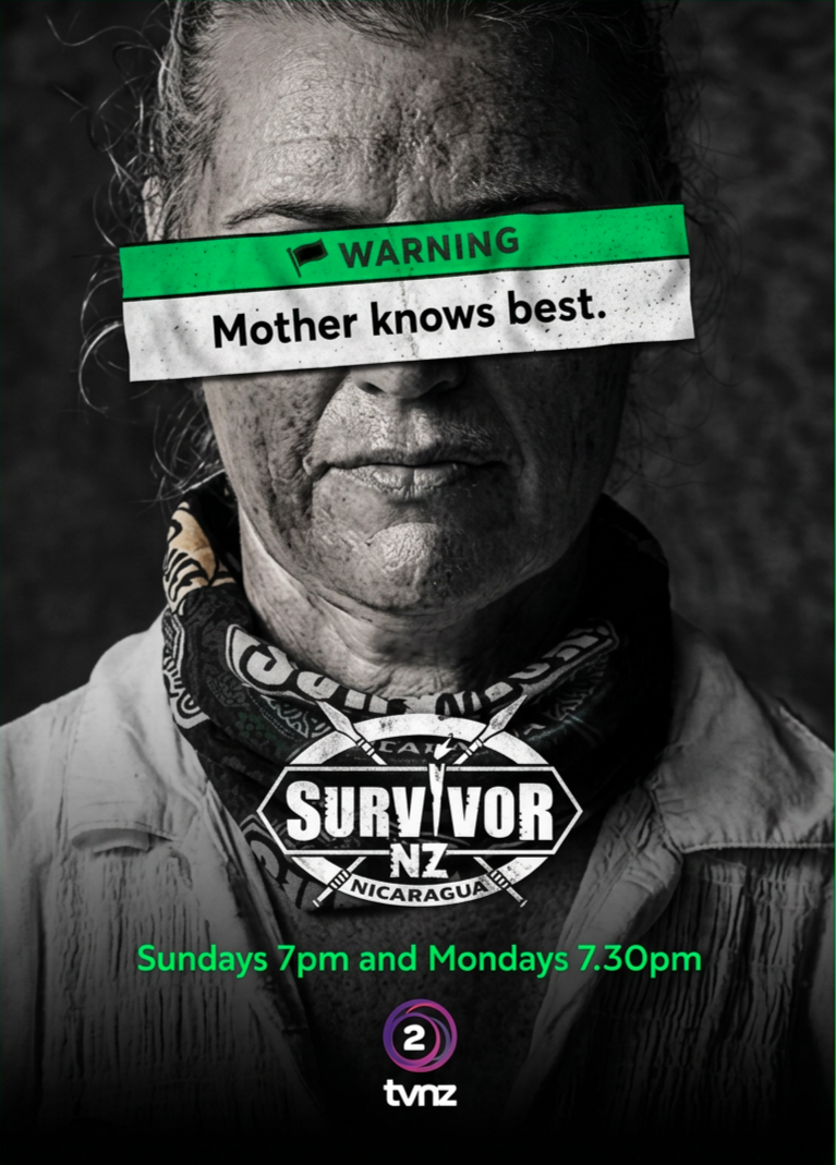 Survivor NZ contestant poster with a black-and-white portrait partly obscured by a green warning strip reading “Mother knows best”.