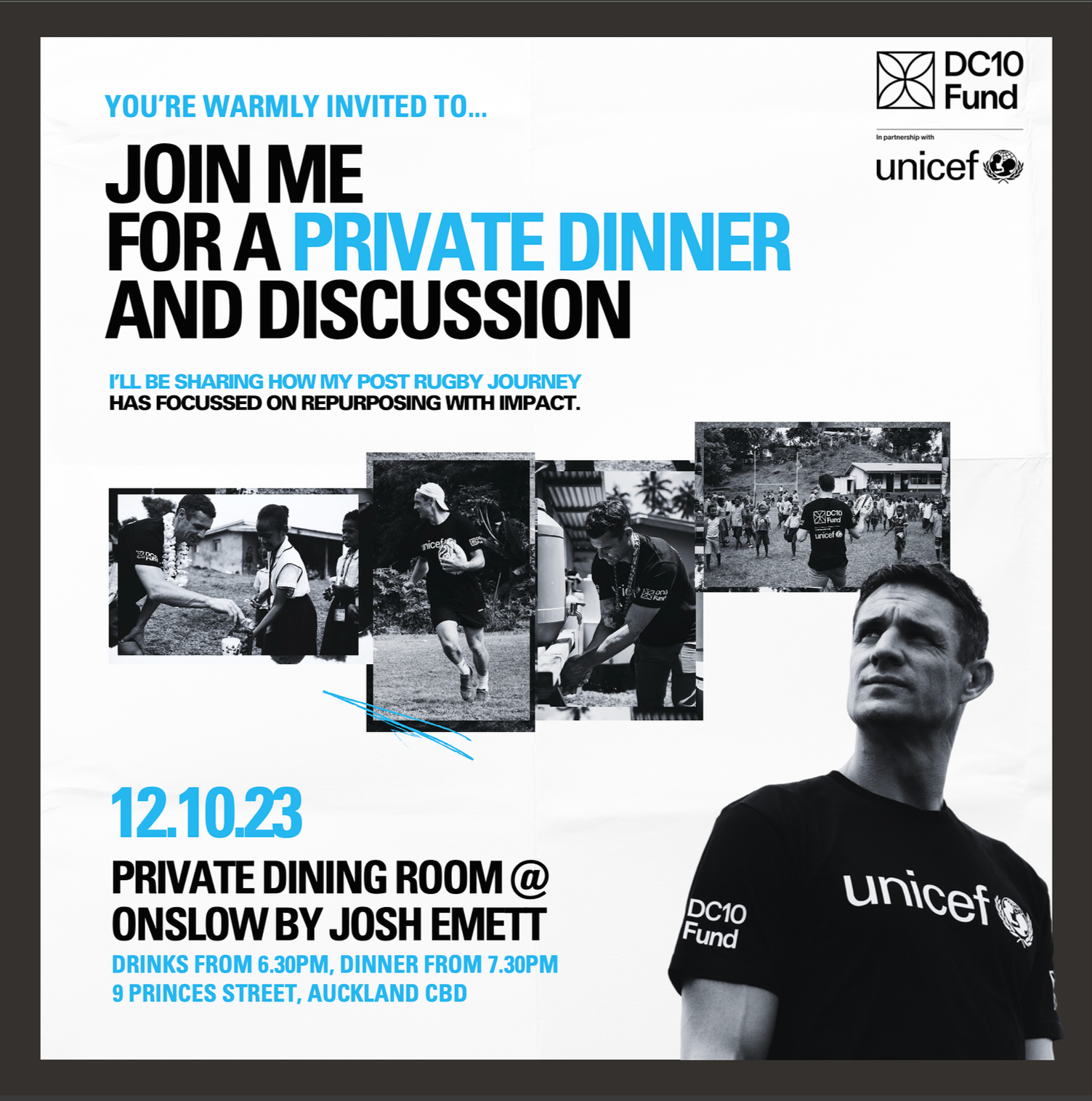 UNICEF × DC10 Fund invitation headed “Join me for a private dinner and discussion”, extending the brand from mass participation into a more personal form of relationship.