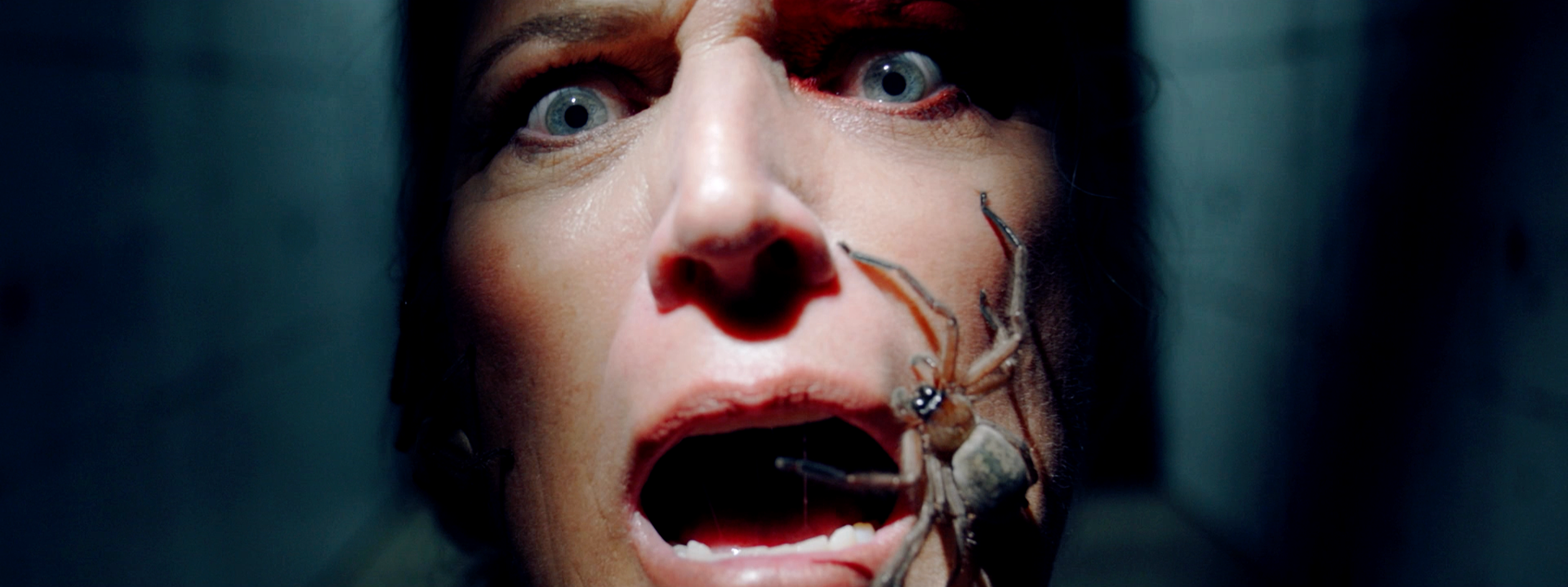 Extreme close-up from the Survivor NZ campaign showing a contestant reacting as a spider crawls up her face.