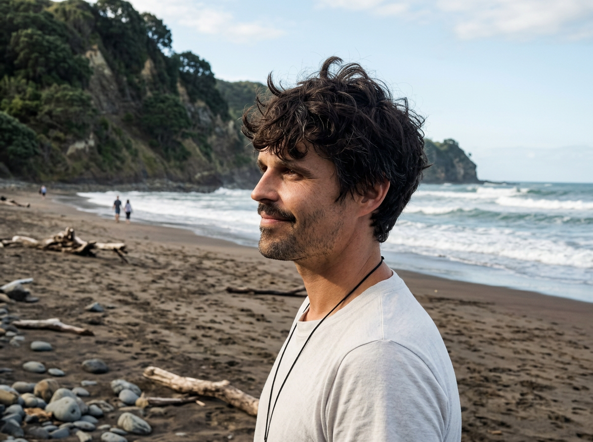 Drew Pollock standing on a beach, during a break in a film shoot.