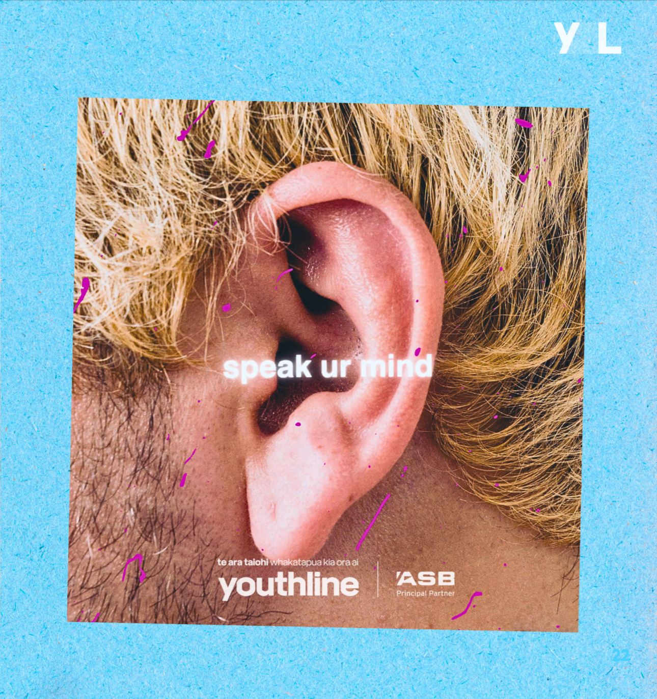 Youthline brand campaign image centred on a close-up ear with the words “speak ur mind”, making listening itself part of the communication.