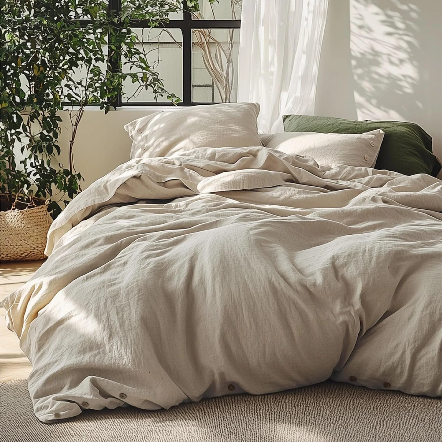 Washed linen duvet cover set in oatmeal queen size bedroom