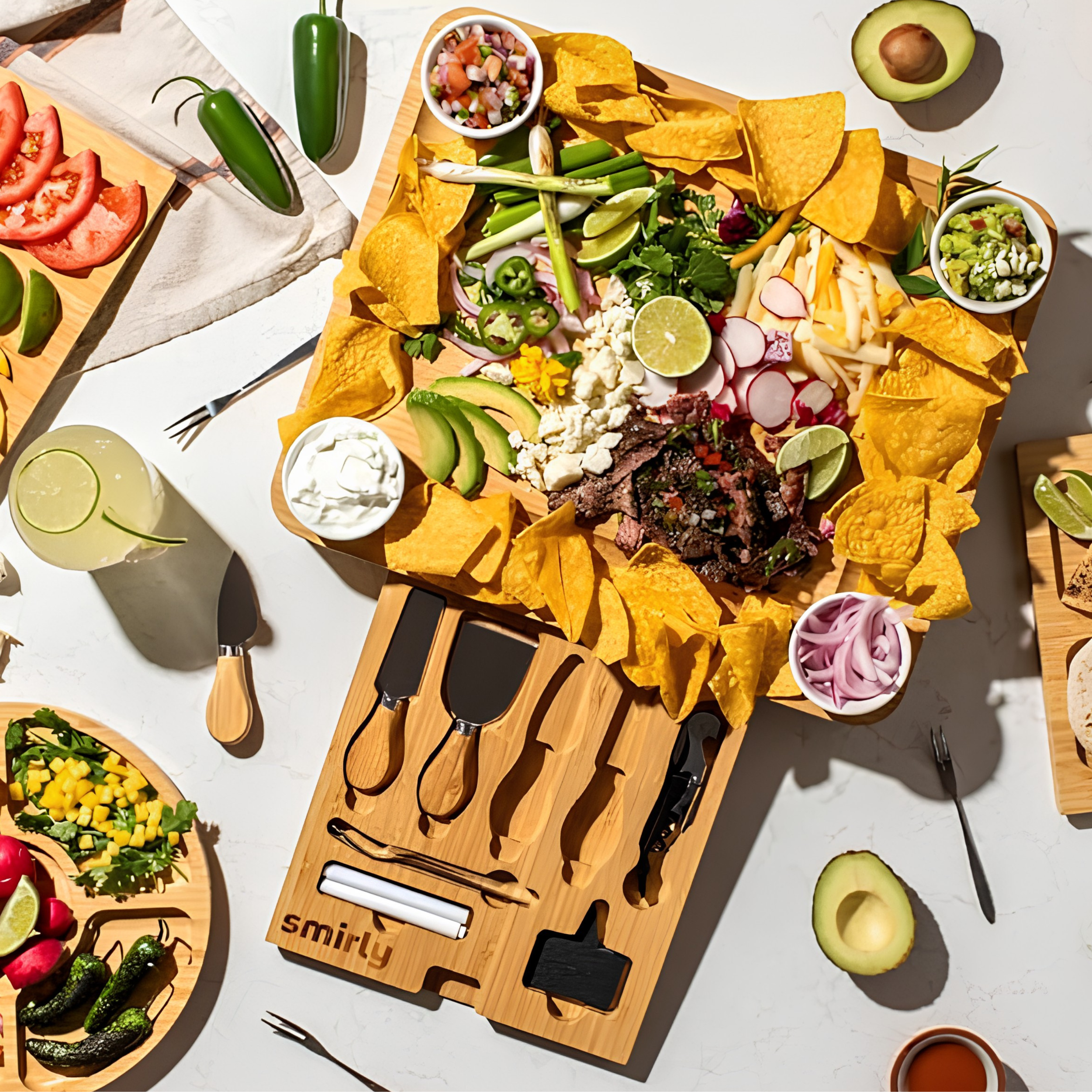 Large bamboo charcuterie board with chips and toppings for watch party hosting