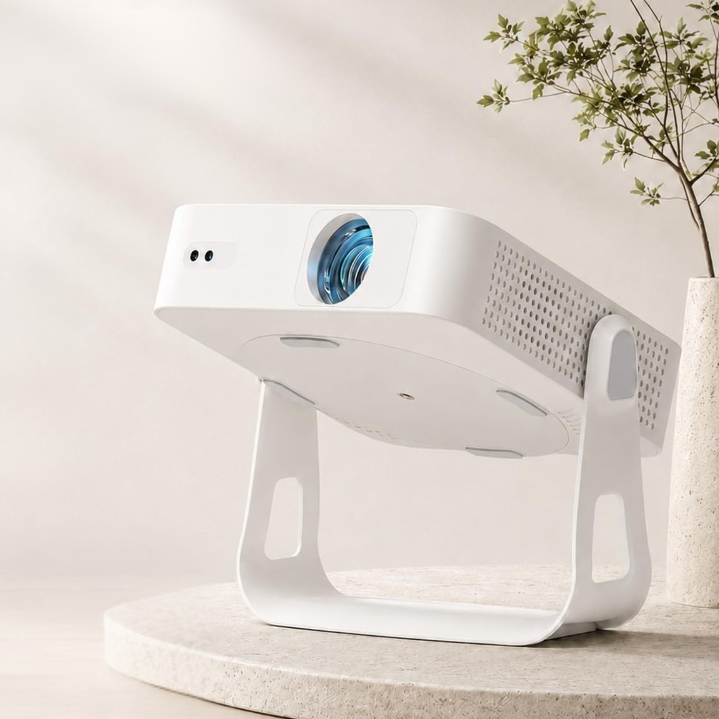 Portable outdoor projector on stand for backyard or patio movie night