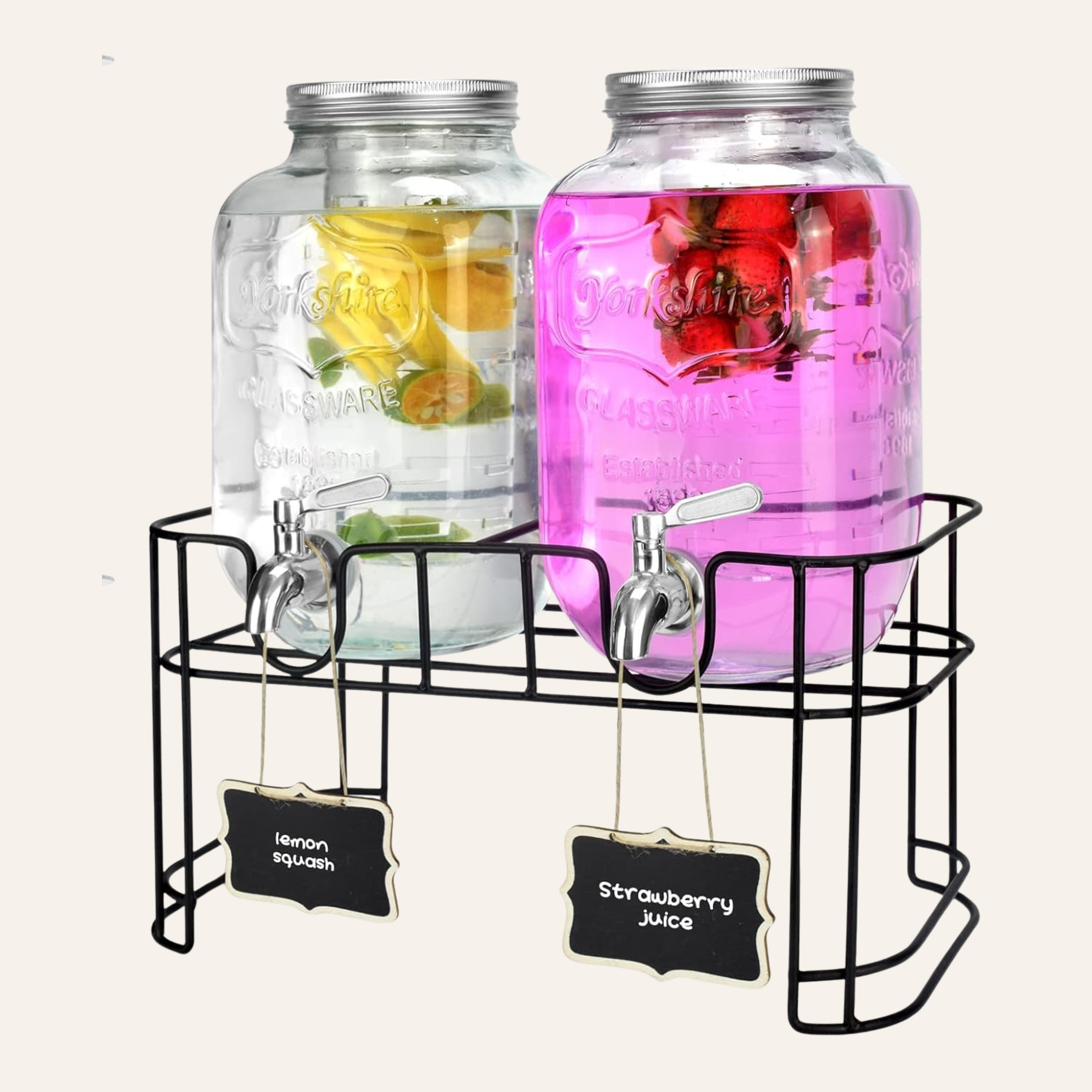 Glass beverage dispensers with stand for self-serve drink station