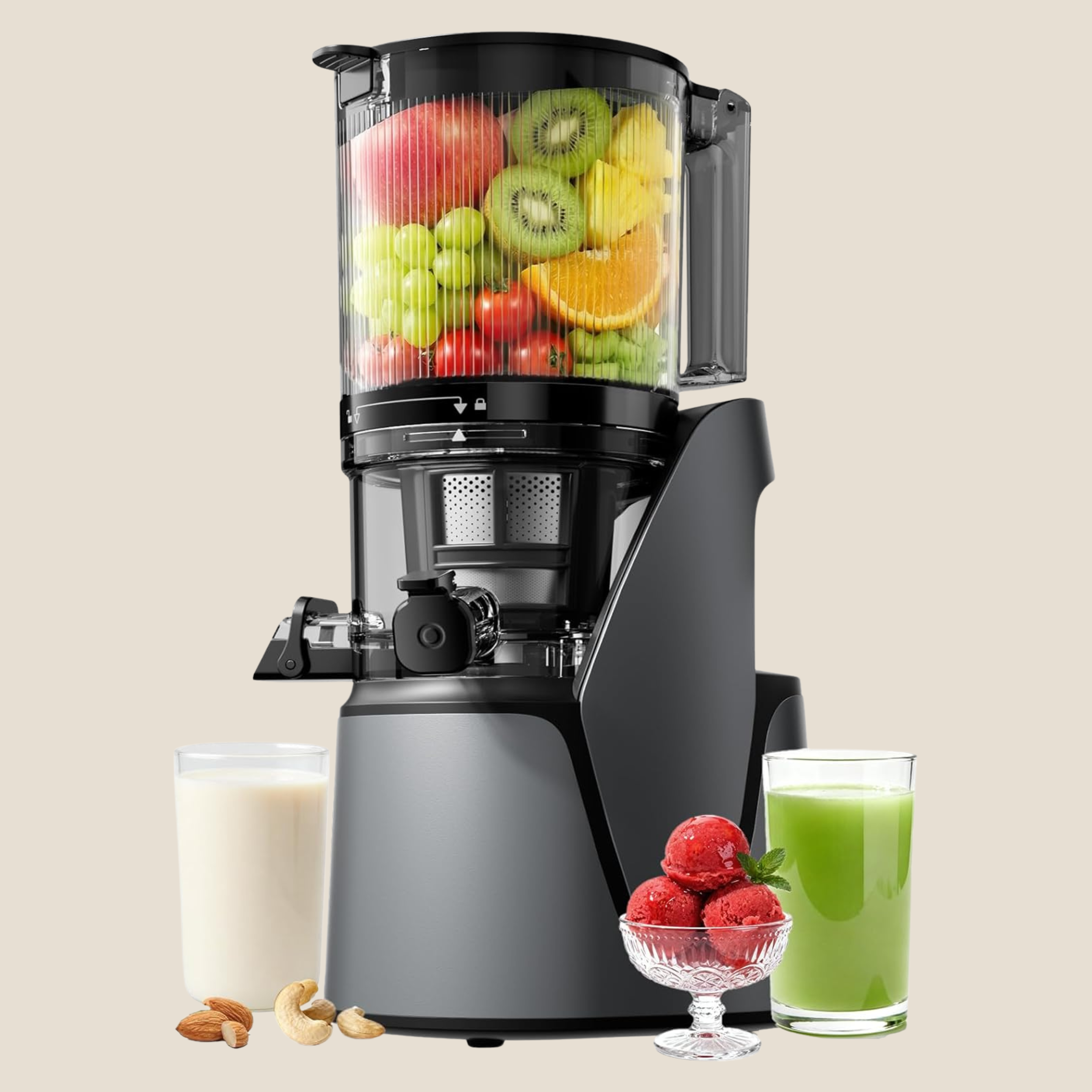 EanOruus 3-in-1 cold press juicer in premium gray with whole fruits loaded in the extra-large chute, surrounded by glasses of green juice, nut milk, and fruit sorbet