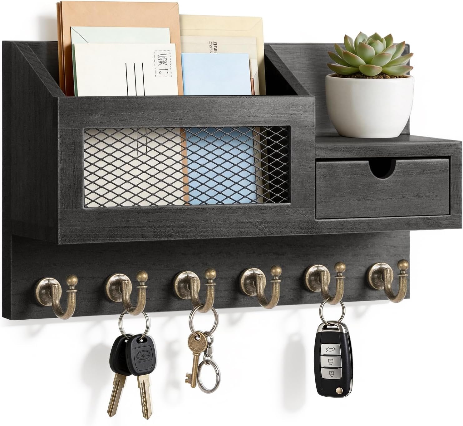 Wall mount key and mail organizer matte black wood