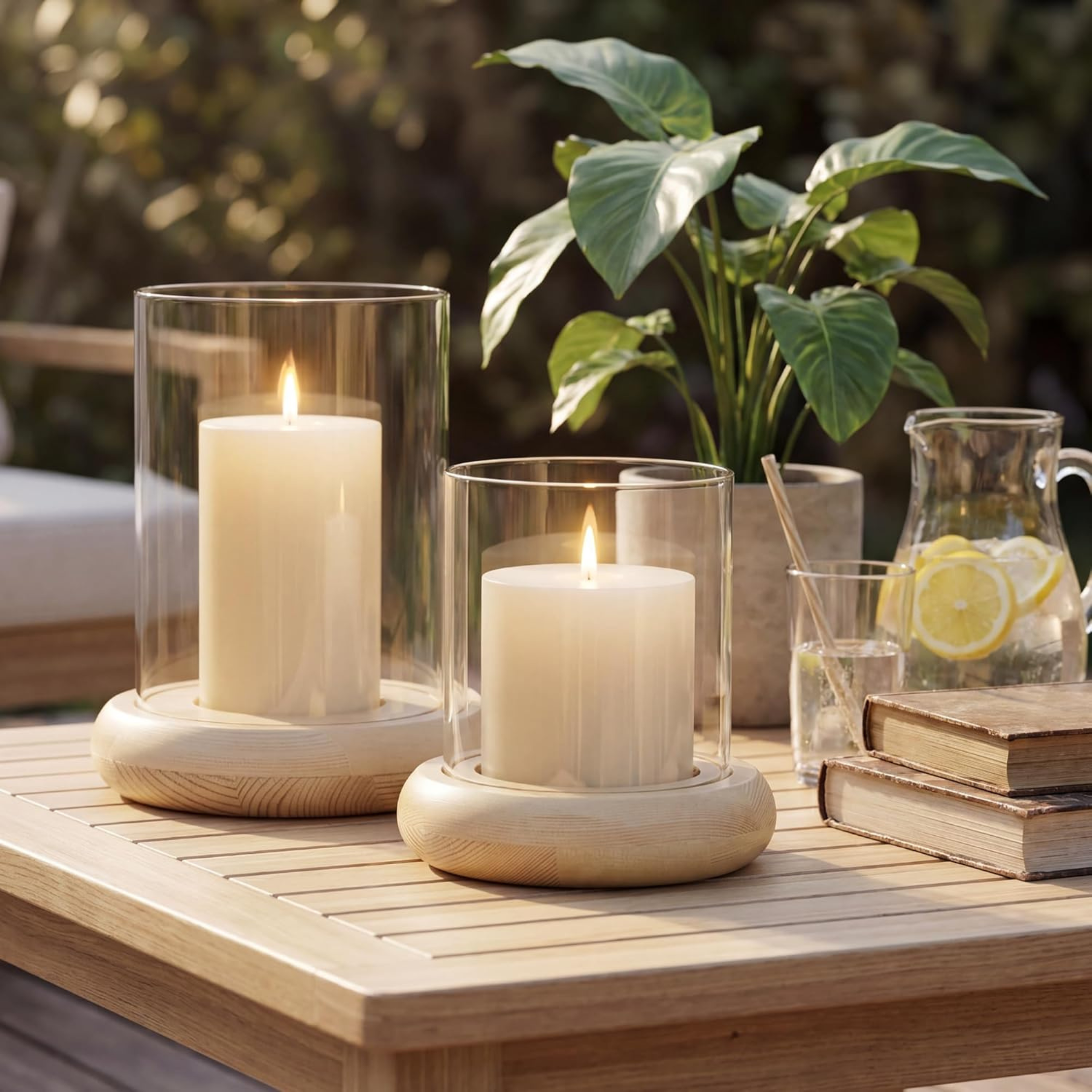 Glass hurricane candle holders with wood base on an outdoor table at dusk — summer hosting ambiance find curated by The Alcove Edit