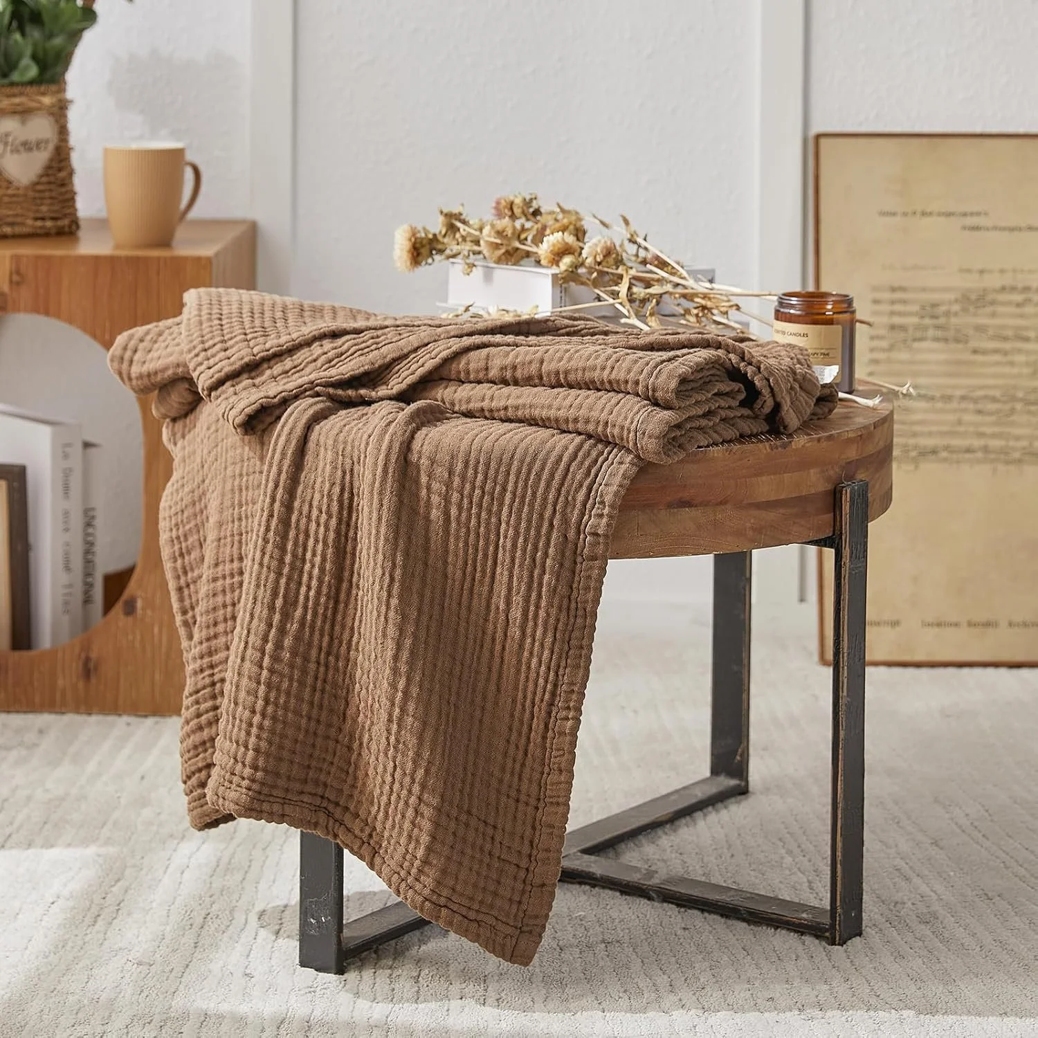 Waffle weave cotton throw blanket in neutral oatmeal on sofa