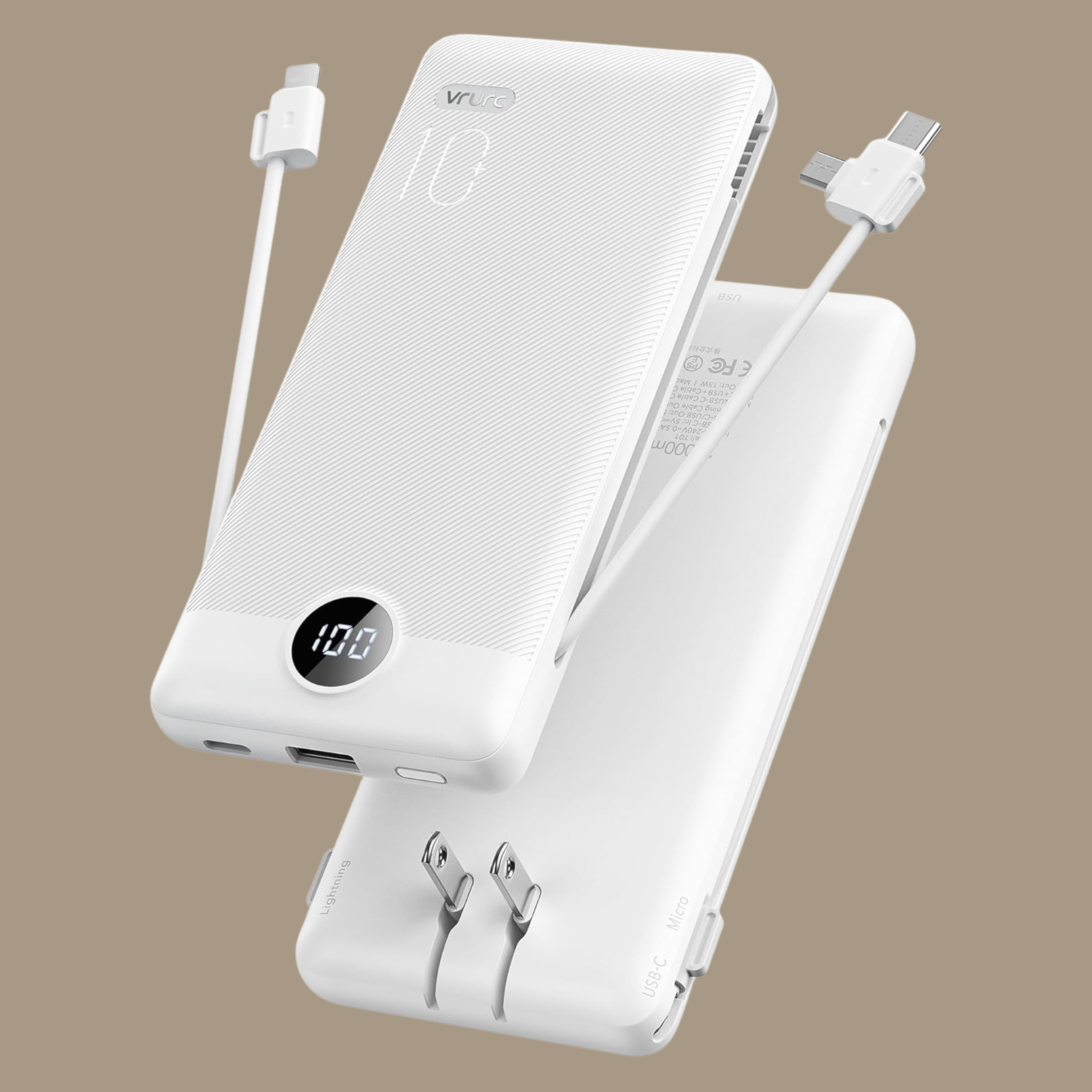 White portable phone charger with digital battery display, shown front and back with charging cables.