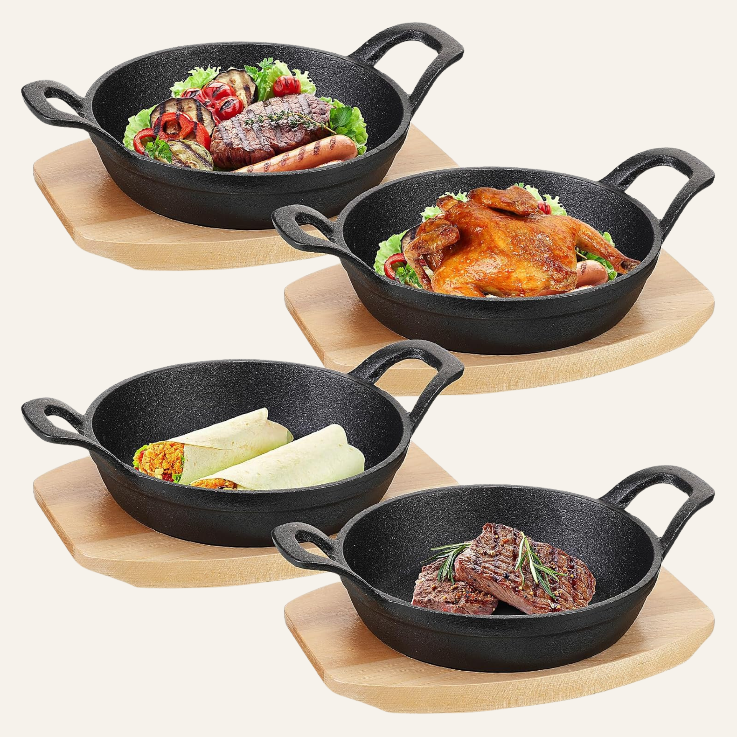 Mini cast iron skillet set with wooden trivets for serving warm dips
