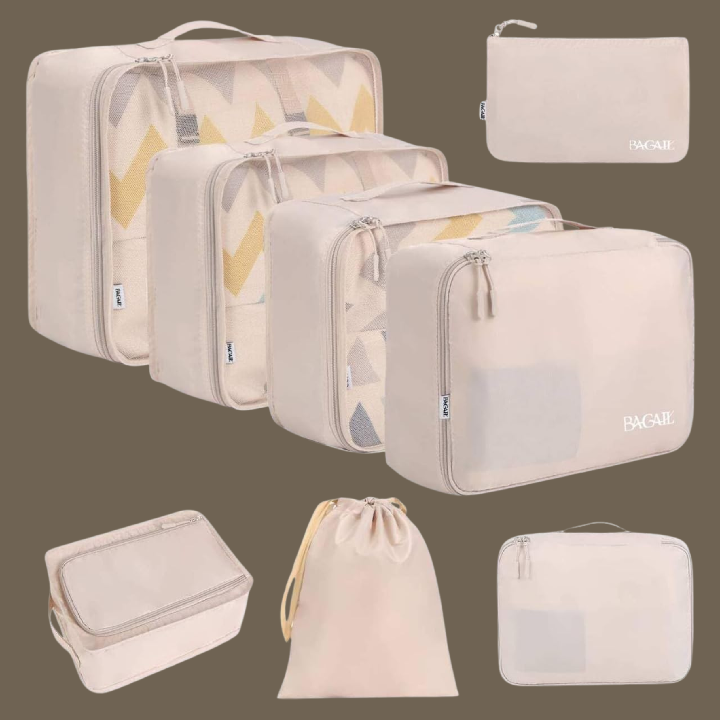 Set of eight cream packing cubes in assorted sizes, including pouches and a drawstring bag, arranged together.