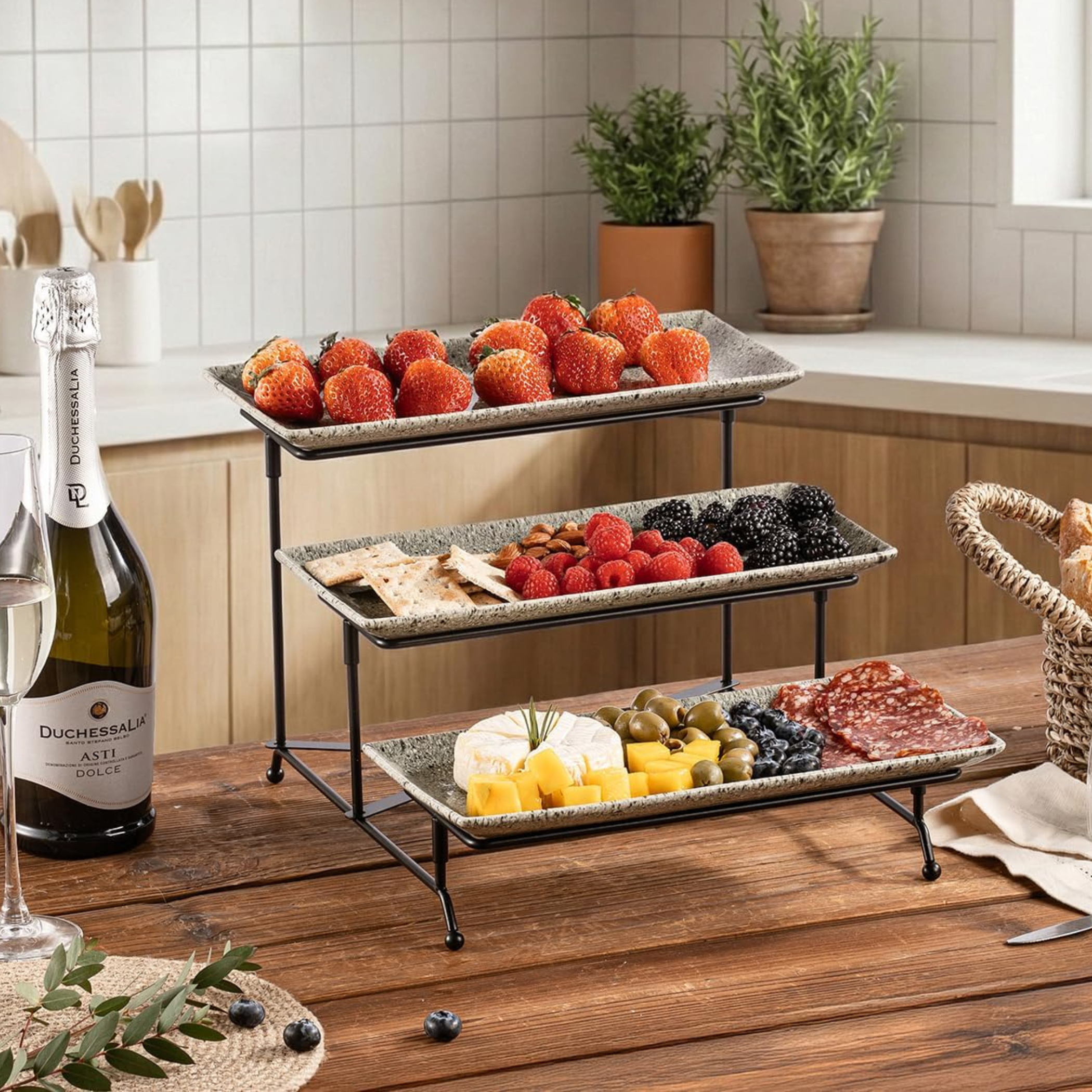 Three-tier speckled ceramic serving stand styled with strawberries, cheese, and charcuterie — Memorial Day entertaining find curated by The Alcove Edit