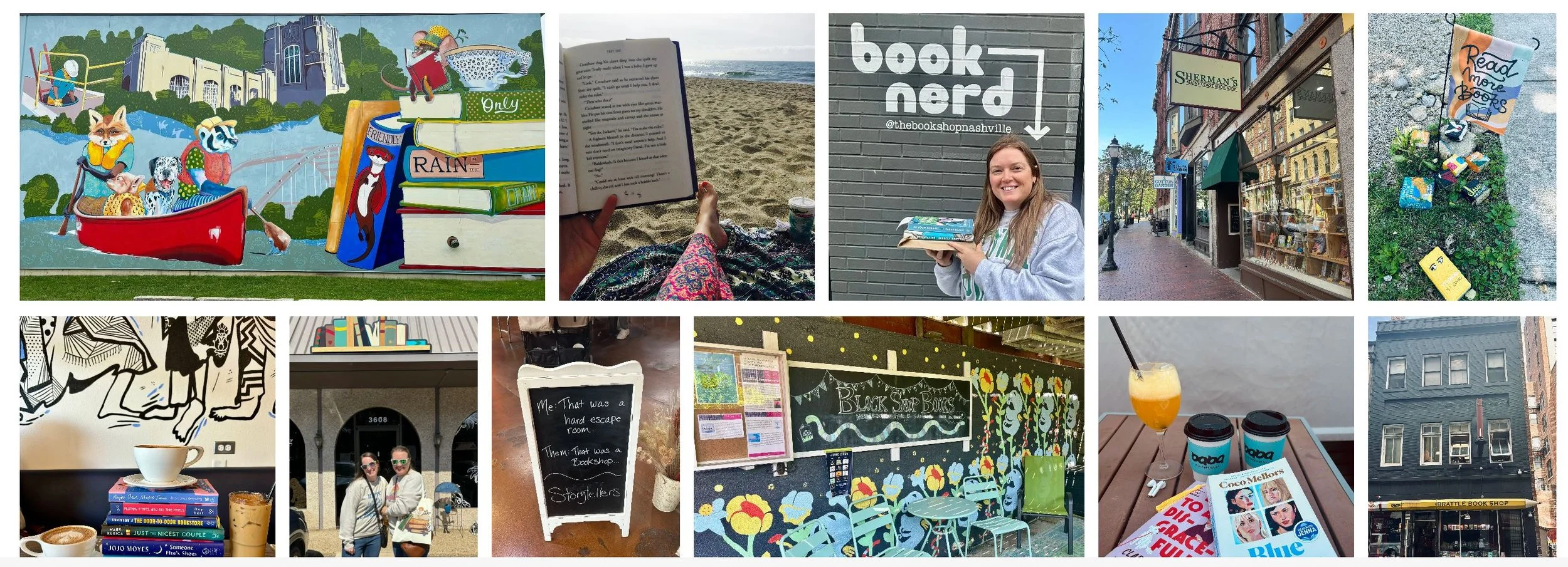 A collage of images featuring books, reading, and book-related locations: a colorful mural with animals on a boat, a person reading a book on the beach, a woman holding books outside a bookstore, a bookstore display window, a pile of books with a sign encouraging reading, a black-and-white drawing of birds, two women carrying books outside a building, a chalkboard sign about escape rooms and story tellers, a decorated wall with a sign that reads 'Black Star Bucks,' and a table holding drinks, magazines, and a book titled 'Blue'.