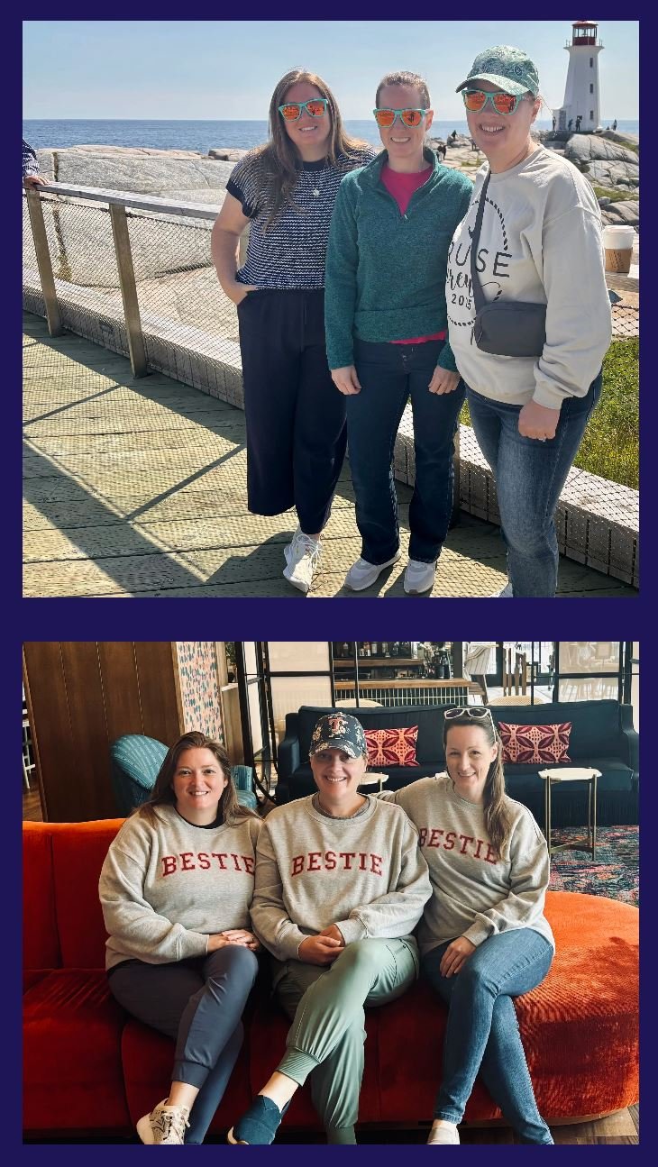 Three women in casual clothing and sunglasses standing outdoors near a lighthouse, and three women sitting indoors on a couch wearing matching sweatshirts that say "BESTIE."