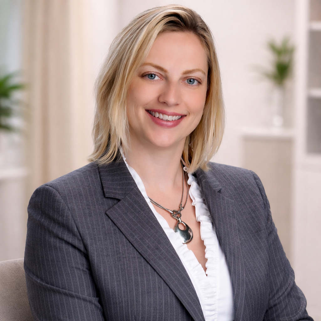 A blonde woman in a gray pinstripe blazer smiling at the camera in an office setting.