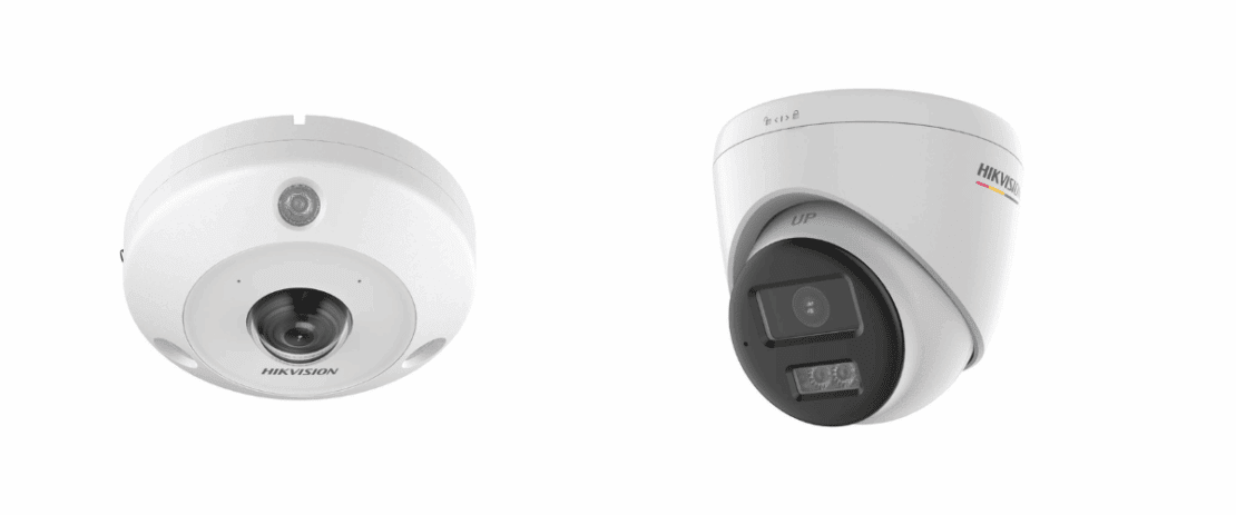 Two Hikvision security cameras, one dome-shaped and one box-shaped, both white in color.
