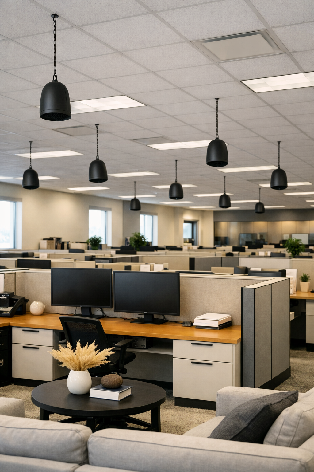 Modern office with cubicles, dual monitors, and black pendant lights hanging from a white ceiling, with a small sitting area in the foreground.