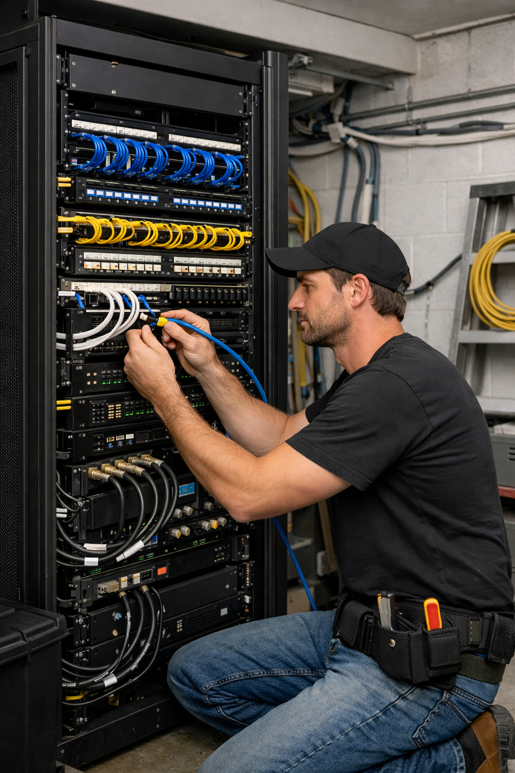 Technician working on a server rack in a data center, connecting cables.