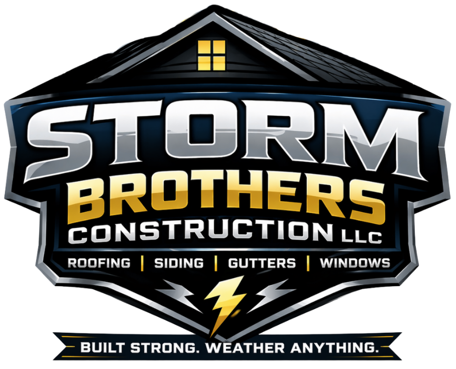 Logo for Storm Brothers Construction LLC featuring a house roof at the top, with text indicating services like roofing, siding, gutters, and windows, and a slogan 'Built Strong. Weather Anything.' at the bottom.