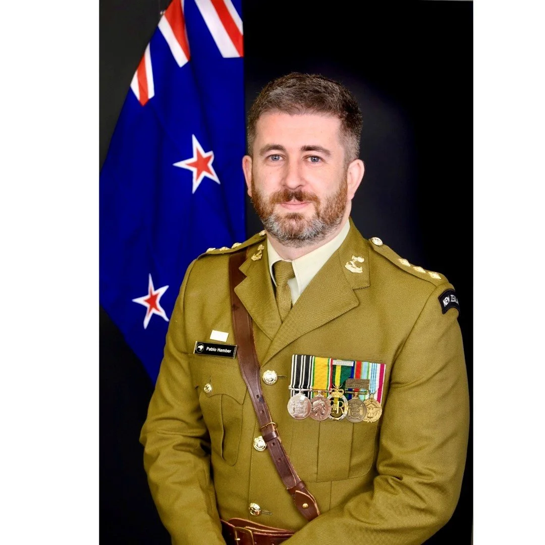 A photo of Pablo Hamber taken in NZ Army full service dress and Sam Browne belt with medals and decorations.