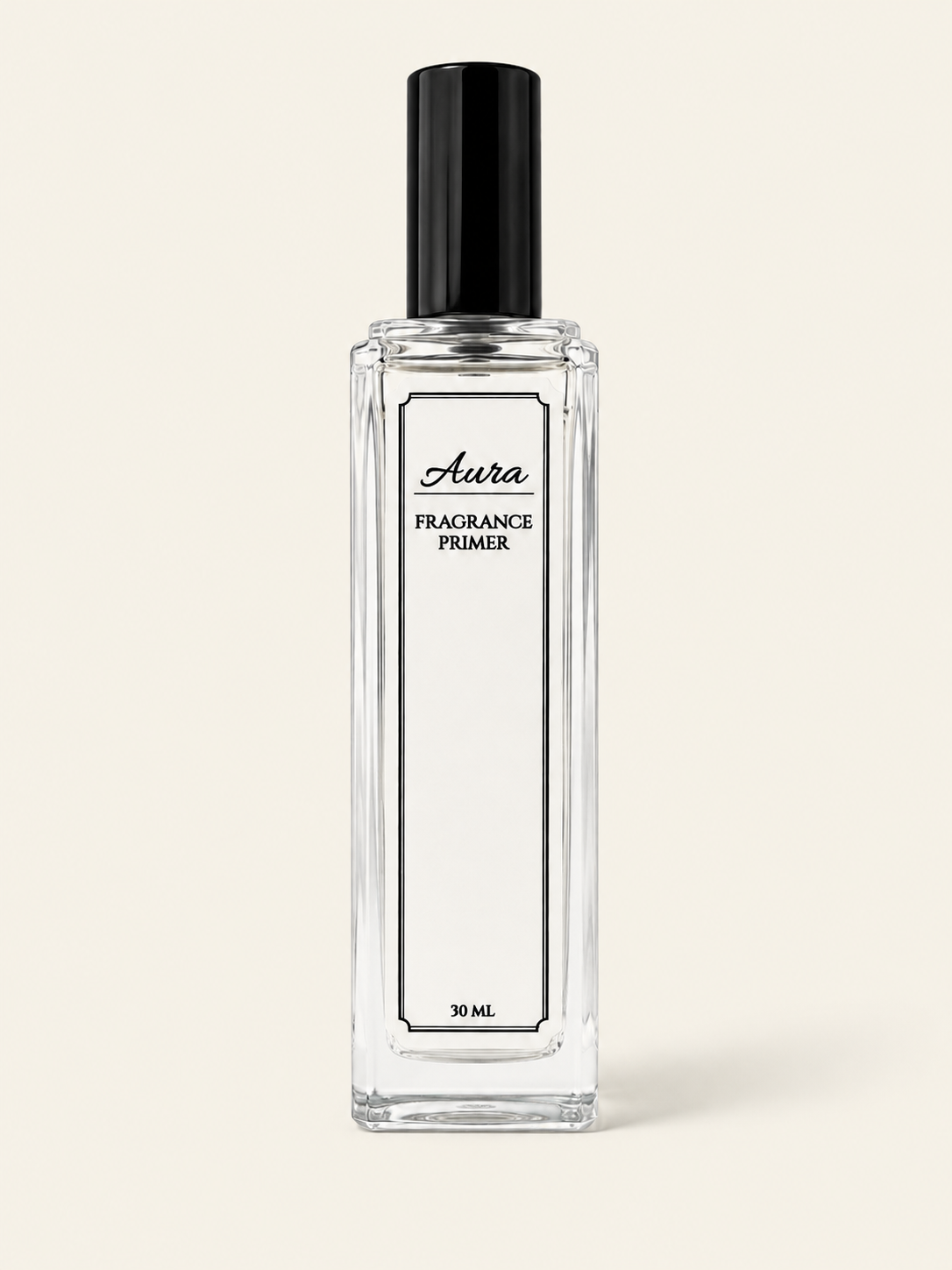 A clear glass bottle with a black cap labeled "Aura Fragrance Primer" and 30 ml capacity.