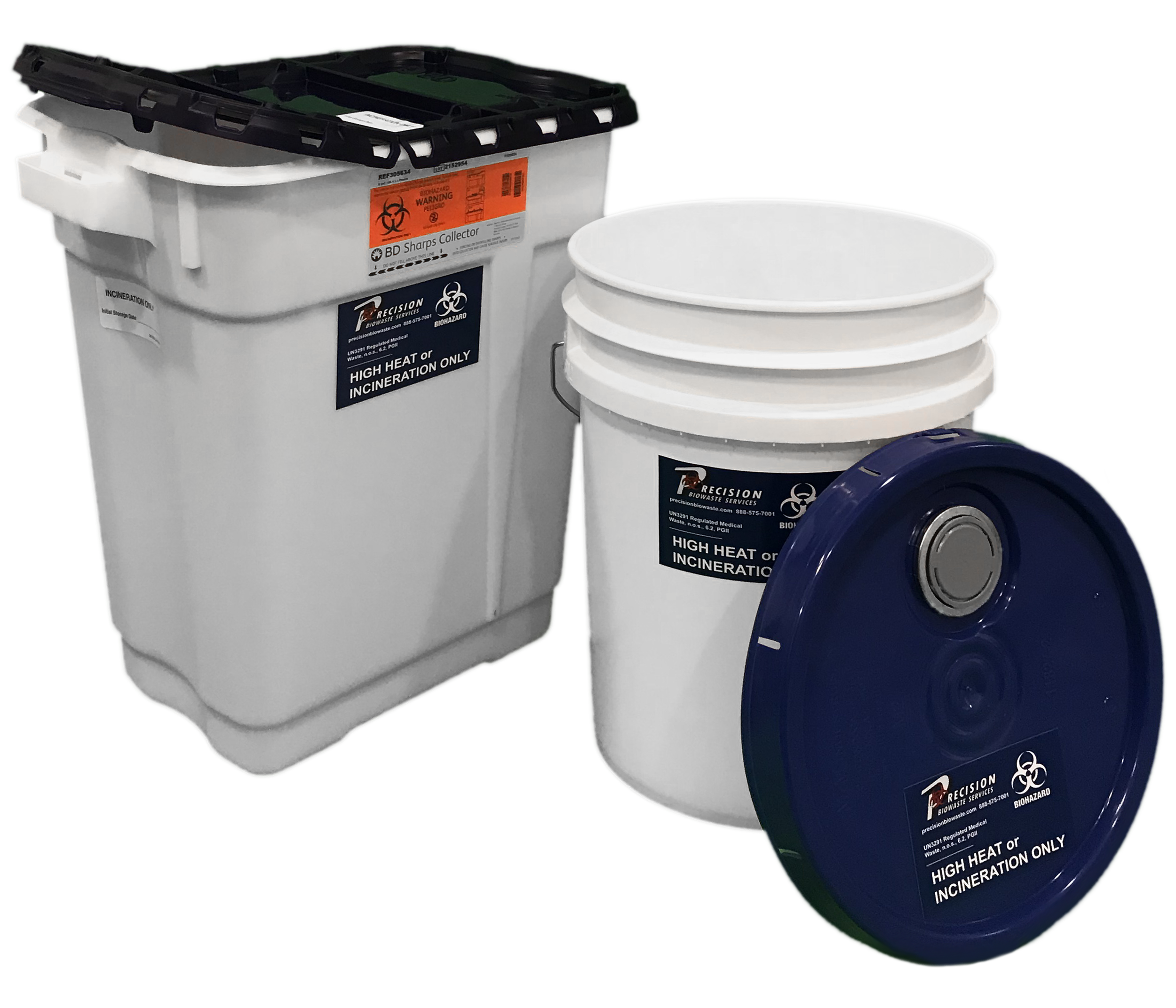 Two different types of Pharmaceutical Medical Waste Containers, one 9 gallon container and one 5 gallon bucket