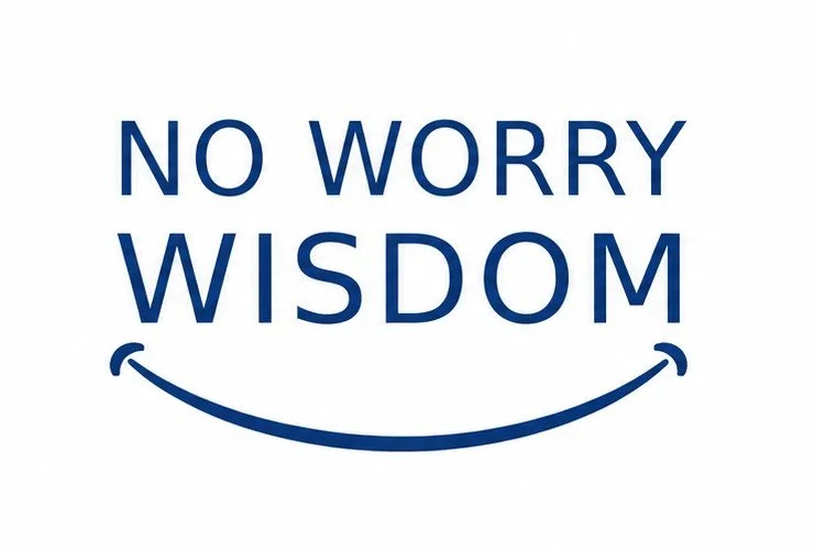 No Worry Wisdom business logo in Dark Blue with white background and a smile