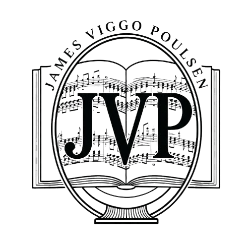 A circular logo with the words 'James Viggo Poulsen' around the top, featuring an open book with a city skyline inside and the initials 'JVP' in the center.