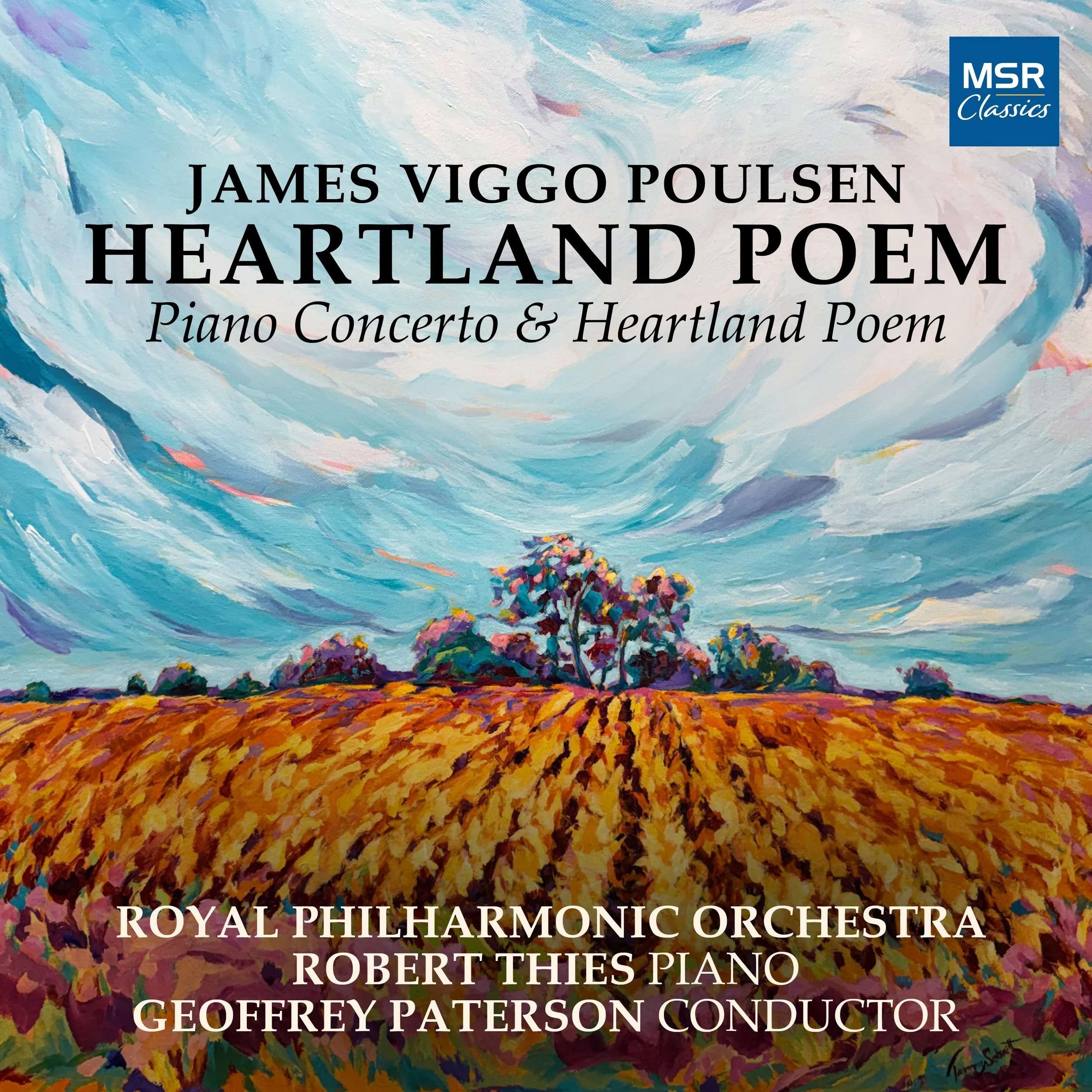 A painted artwork featuring a tree with colorful leaves and a stormy sky with swirling clouds. The text overlay promotes a classical music concert by the Royal Philharmonic Orchestra and pianist Robert Thies, performed at the Geofrey Paterson Conductor.