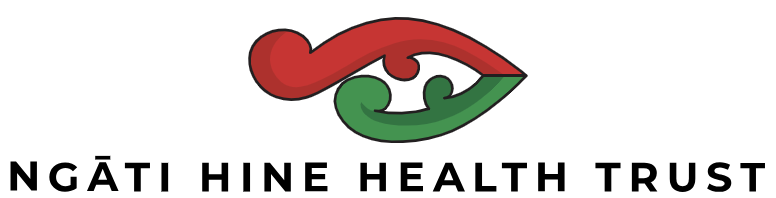 Logo of Ngātī Hine Health Trust featuring a stylised graphic element with black text.