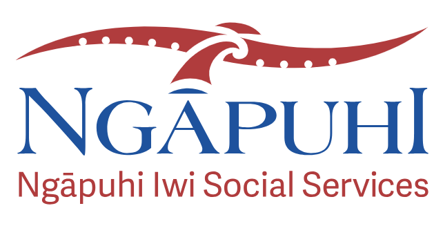 Logo of Ngāpūhi Iwi Social Services featuring a red stylised graphic element above the organisation name and slogan in blue and red text.