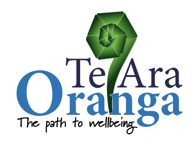 Logo for Te Ara Oranga featuring a green spiral shape and the tagline 'The path to wellbeing'.