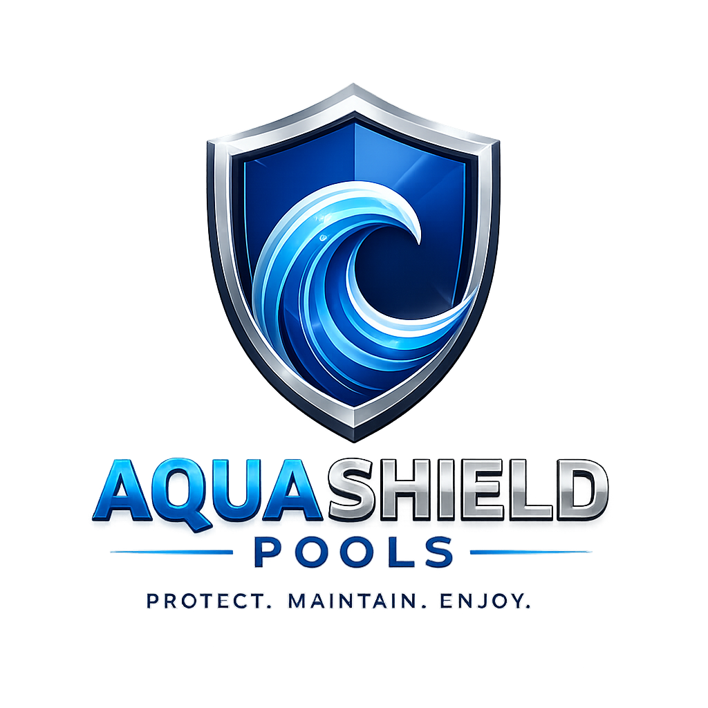 Logo for Aquashield Pools featuring a blue shield with a stylized wave inside, with text "AQUASHIELD POOLS" and the tagline "Protect. Maintain. Enjoy."