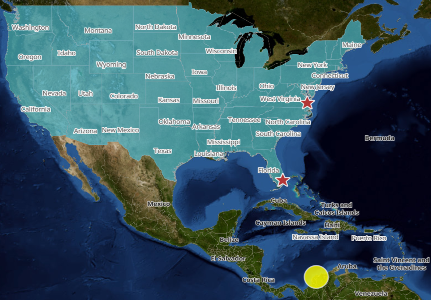 DNA Logistix coast-to-coast coverage map showing third-party logistics operations across the United States, with dual headquarters in Norfolk, Virginia and Miami, Florida, plus our Operations Support Center in Barranquilla, Colombia.
